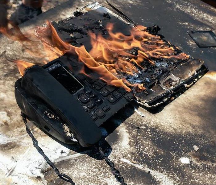 fire damage phone and desk in office
