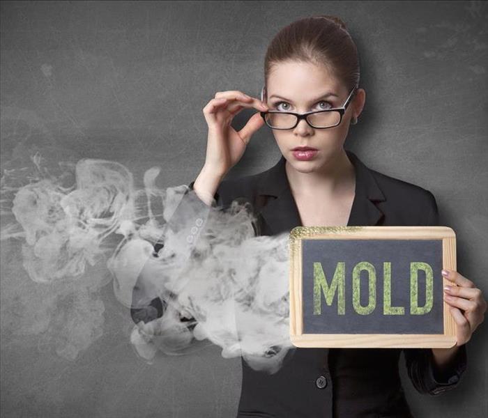 woman holding a mold sign on blackboard, odor coming out